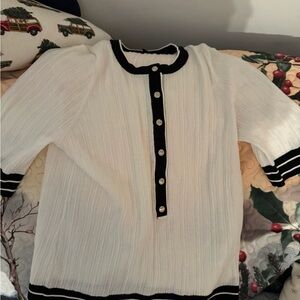 White House Black Market Textured White Top with Black Accents